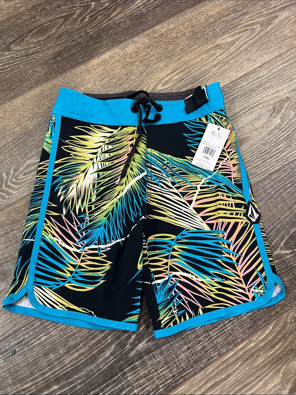 Volcom Boys Tropical Palm Print Board Shorts with Teal Trim